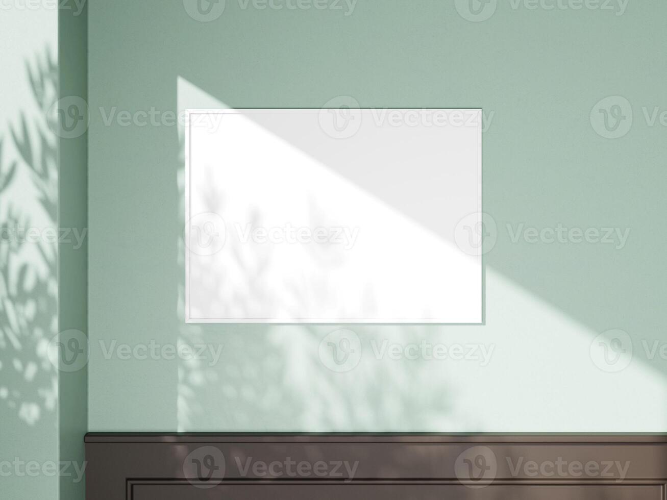 Fresh, minimalist poster frame mockup with a warm sunlight glow and shadow patterns. photo