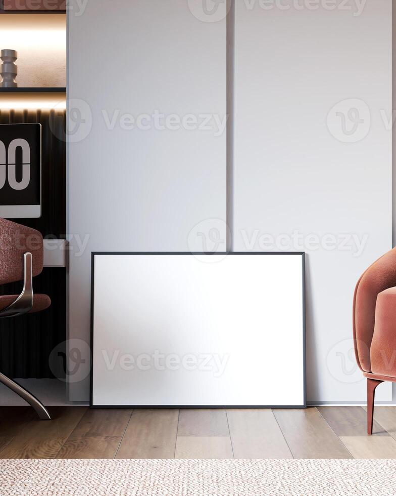 Blank photo frame resting on the floor next to a comfortable chair in a cozy interior.