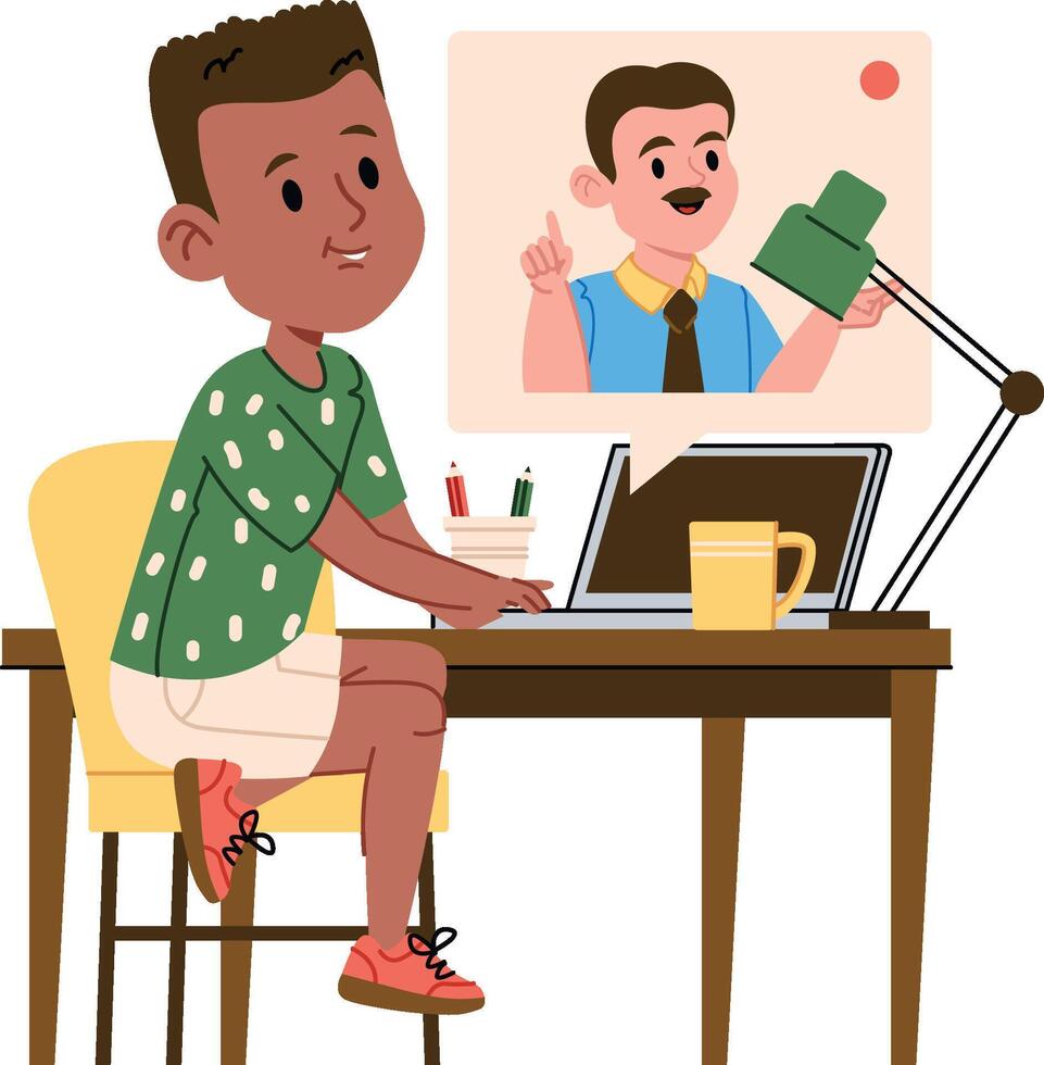 Child Boy Studying Online With Laptop vector