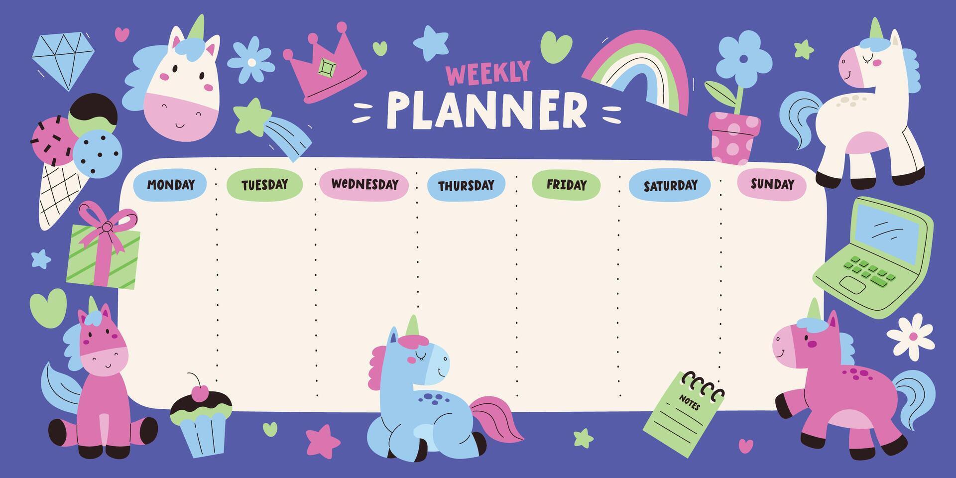 Unicorn-Themed Weekly Planner vector