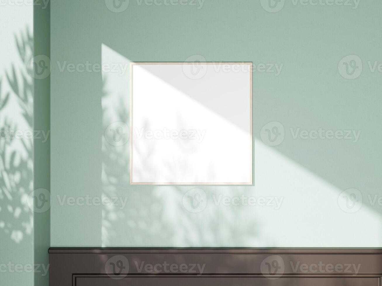 Contemporary poster frame mockup with dynamic sunlight and shadow reflections. photo