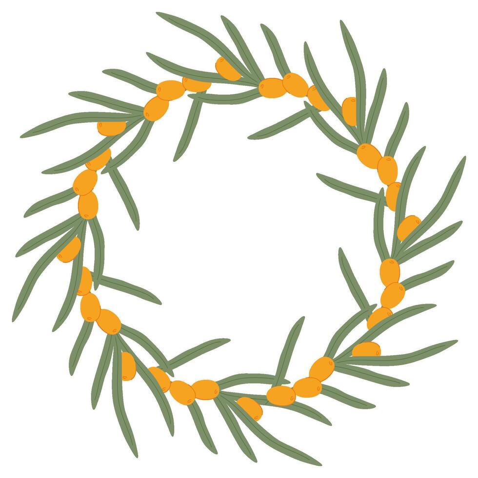 HandDrawn Sea Buckthorn Wreath with Orange Berries and Green Leaves in a Natural Botanical Design vector