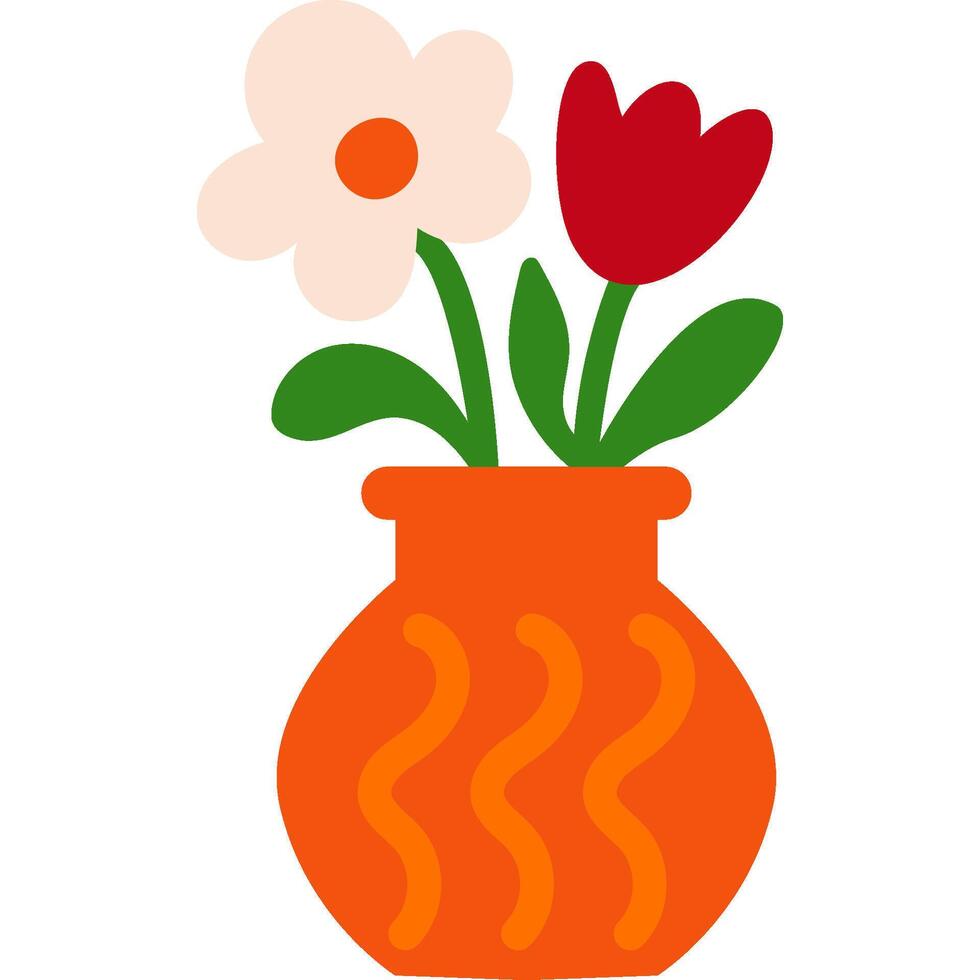Cartoon orange vase with wavy pattern and red white flowers flat floral illustration vector