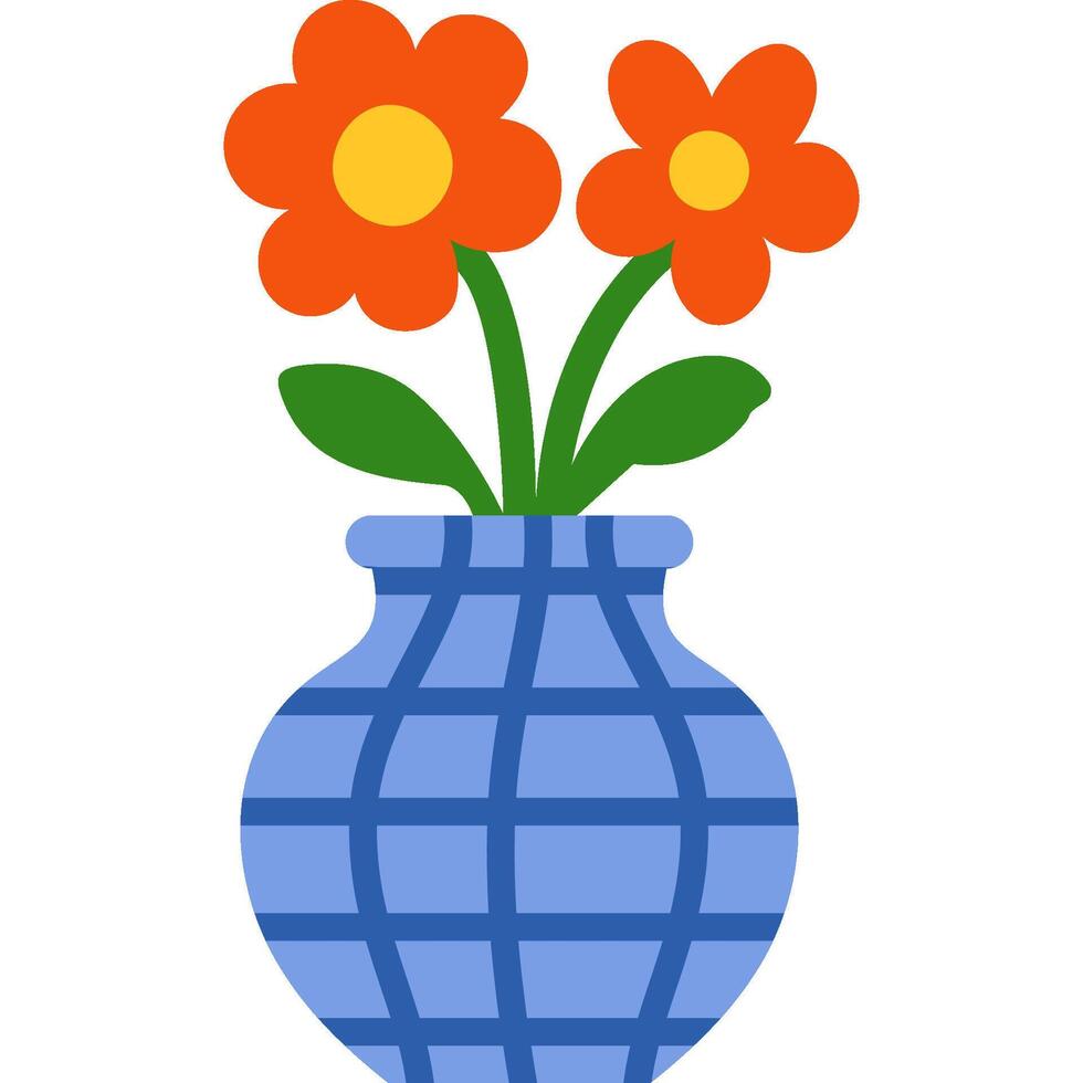 Cartoon blue vase with checkered pattern and orange flowers flat floral illustration vector