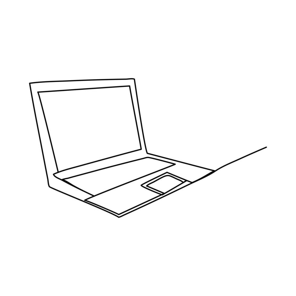 Minimal laptop one line drawing showing blank screen and keyboard in isolated digital device outline vector