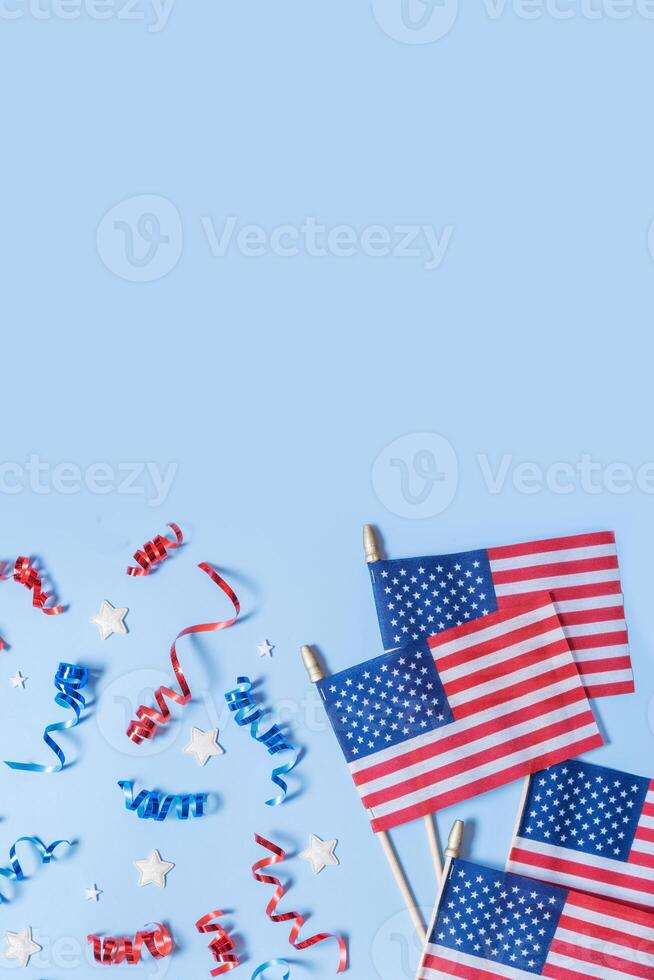 USA flags for Independence day vertical background with copy space photo