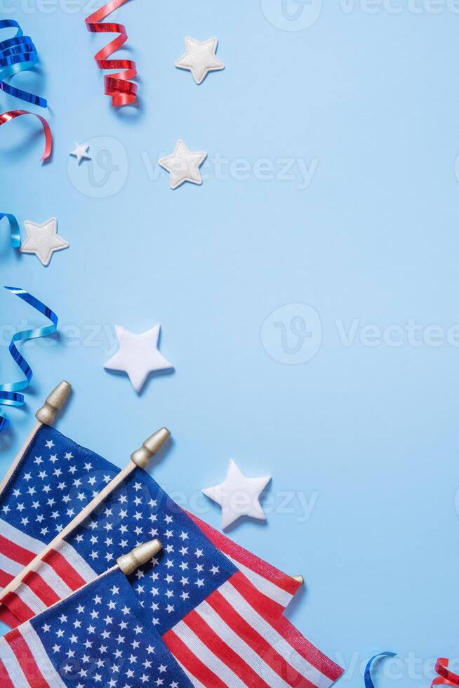 USA Independence day vertical background. USA flags with copy space photo