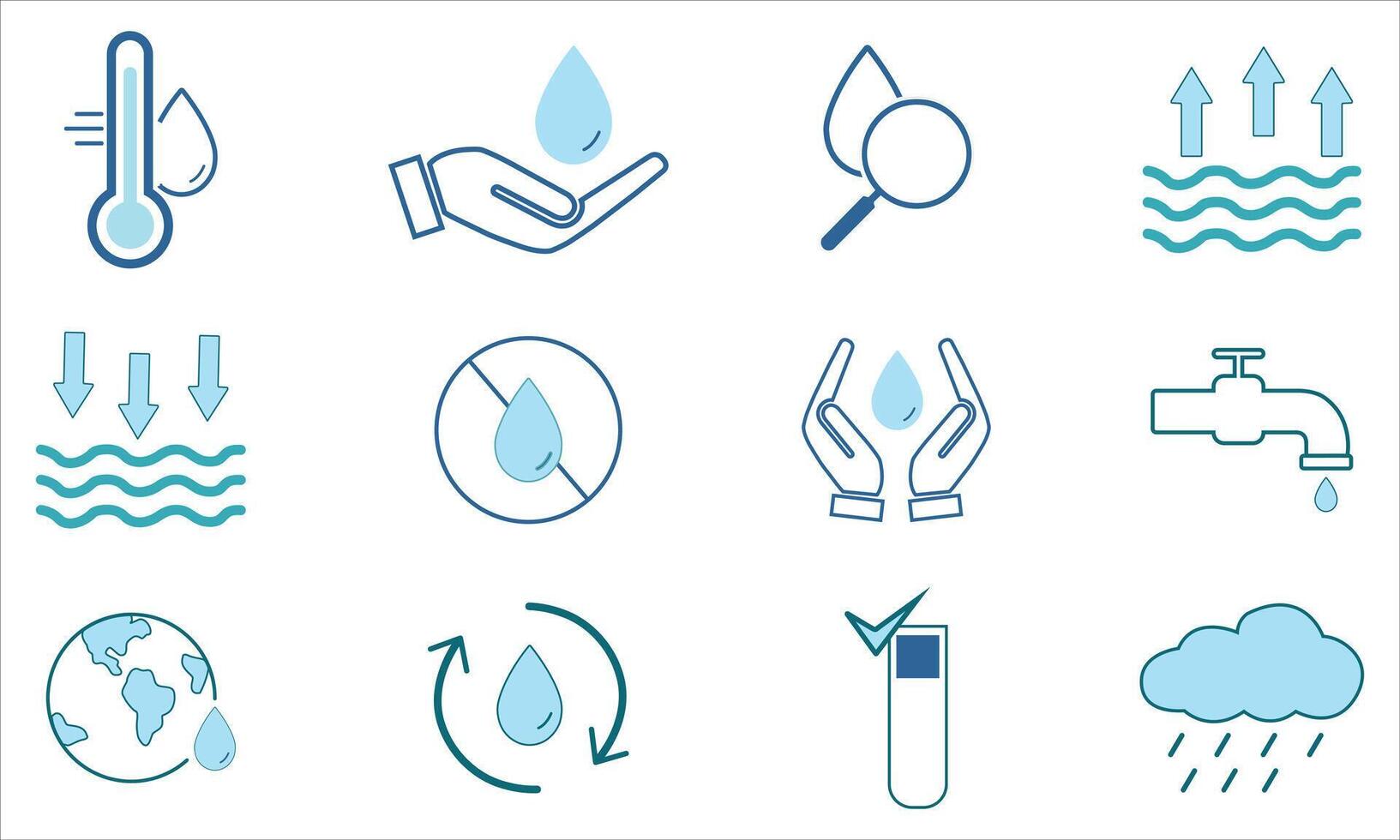 Water conservation and sustainability icon set - Eco-friendly water drop, climate, tap, rain, filtration, and earth symbols vector
