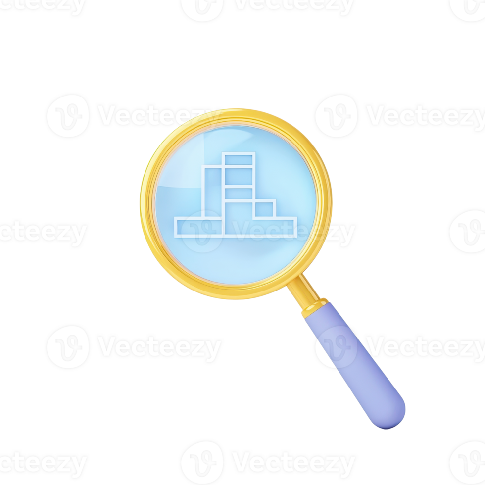 A magnifying glass with a stylized design, featuring a blue lens and a yellow frame, showcasing a geometric shape inside. png