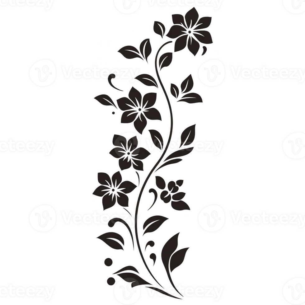 A delicate floral design featuring vertical arrangement of blooming flowers and leaves, creating elegant and decorative pattern. monochrome style adds classic touch png