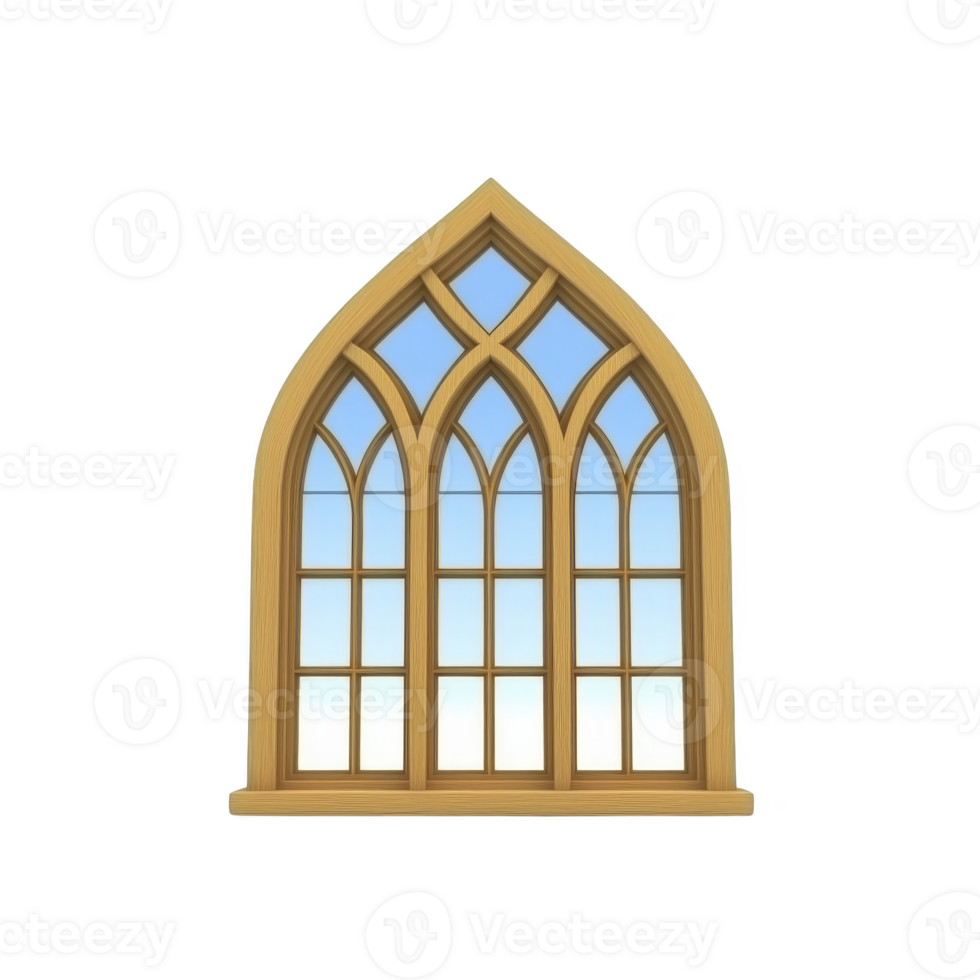 A wooden arched window with intricate design features multiple panes and clear blue sky visible through it, creating serene and elegant atmosphere png