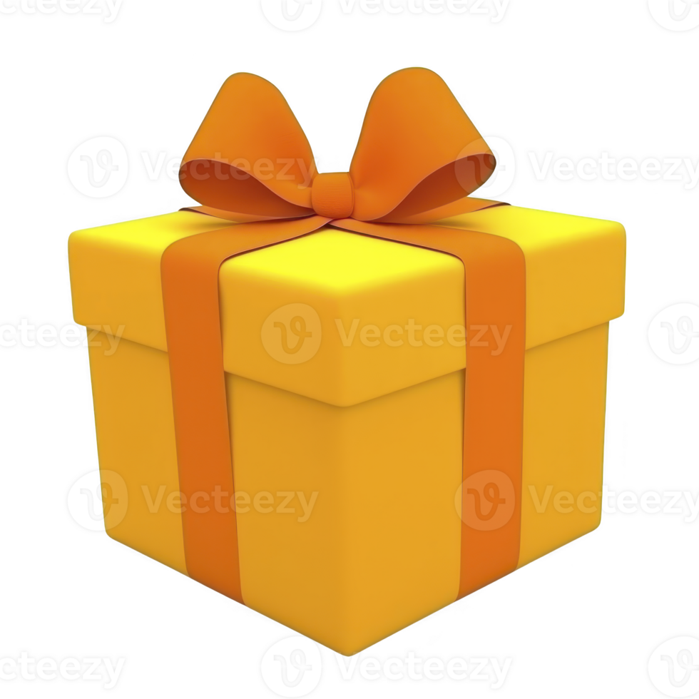 A vibrant yellow gift box with orange ribbon and bow, perfect for celebrations and special occasions, exudes cheerful and festive vibe png