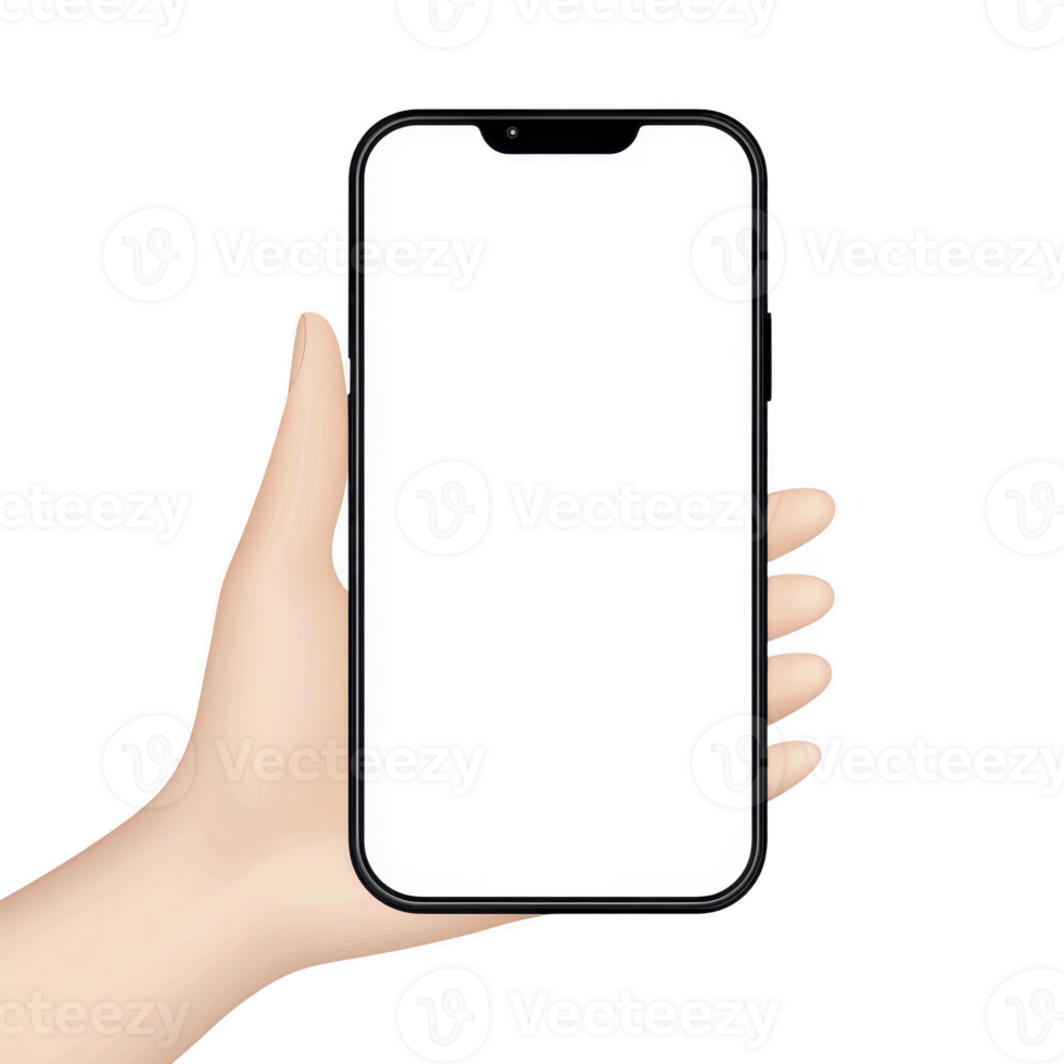 A hand holding smartphone with blank screen, ready for customization or app display. phone is modern and sleek, with black frame and prominent notch at top png