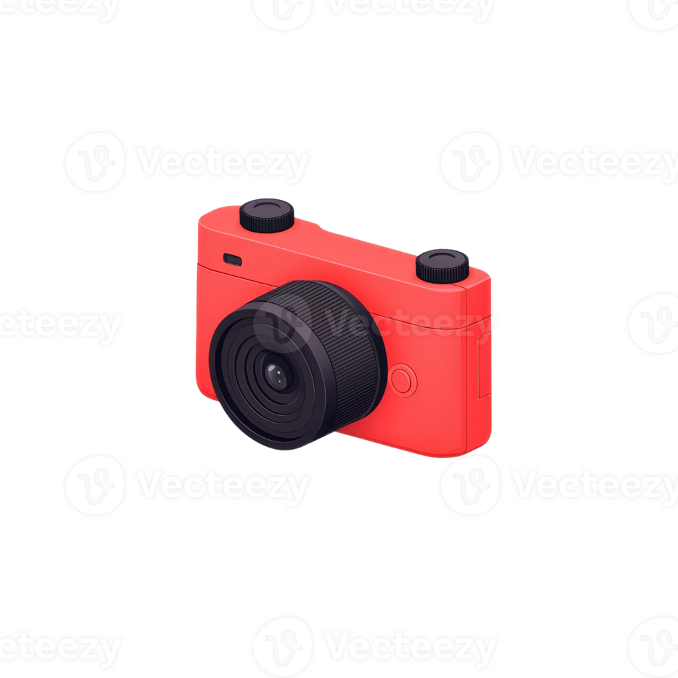 A vibrant red camera with a prominent lens, designed for capturing images and showcasing modern photography aesthetics. png