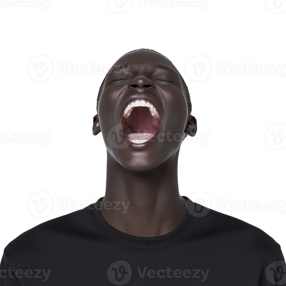 A person with joyful expression is captured mid laugh, showcasing sense of happiness and freedom. image focuses on open mouth and expressive face, highlighting emotion png