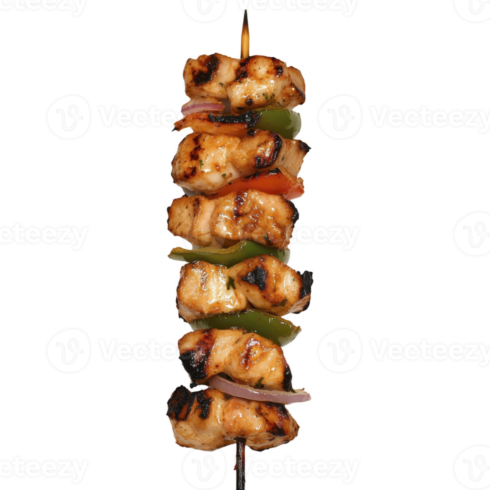 A Grilled chicken skewer with vibrant vegetables, including green peppers and red onions, showcasing delicious and appetizing barbecue treat png