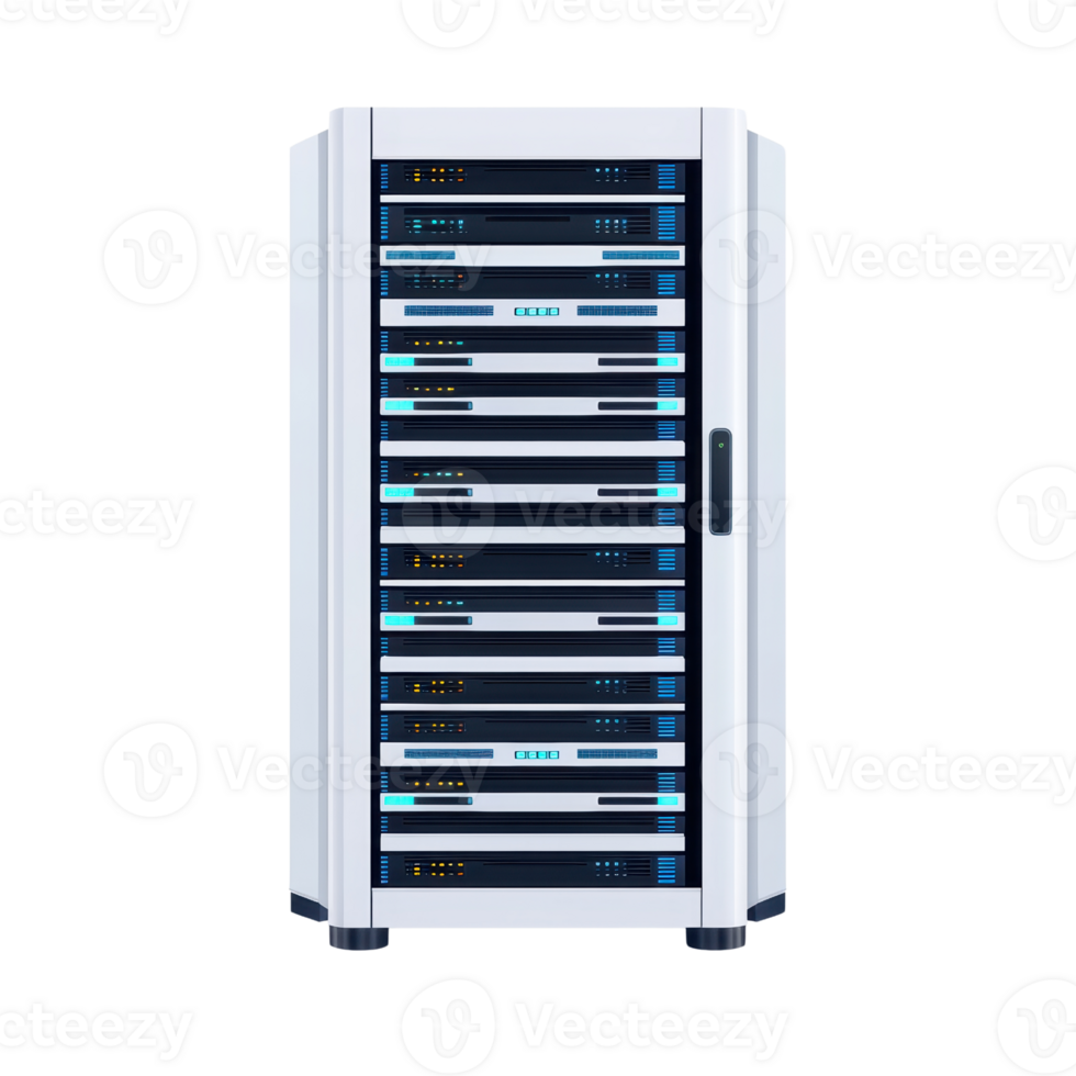 A modern data server rack featuring multiple stacked compartments with illuminated indicators for network and storage management. png