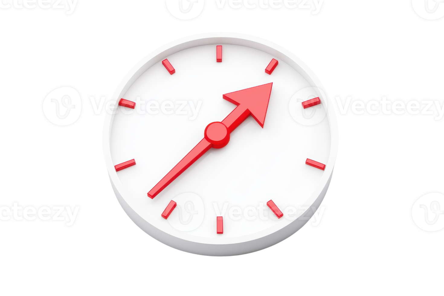 A round clock with a white face and red hour hand pointing to a specific time. png