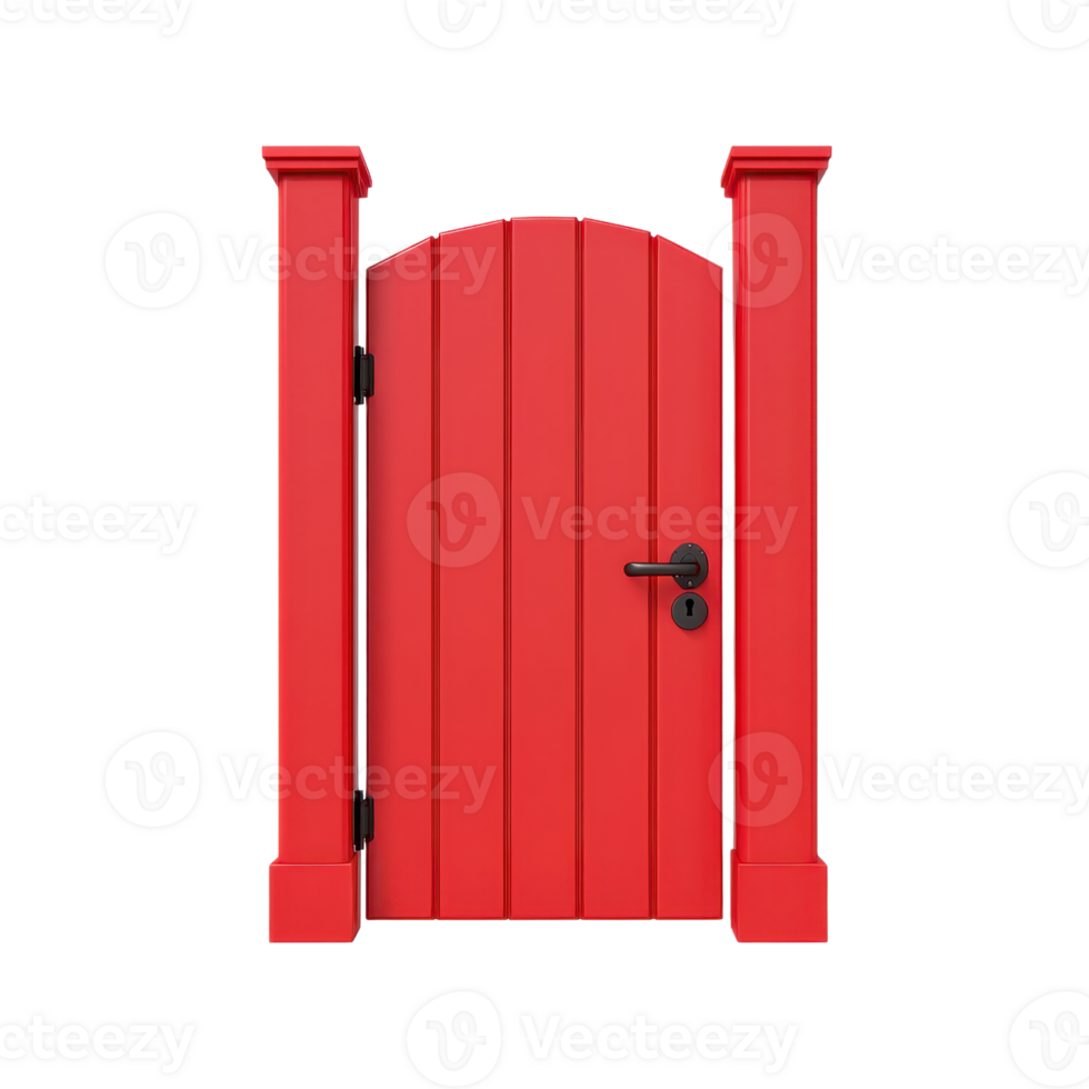 A vibrant red door with an arched top, paired with sturdy pillars, showcasing a classic design. png