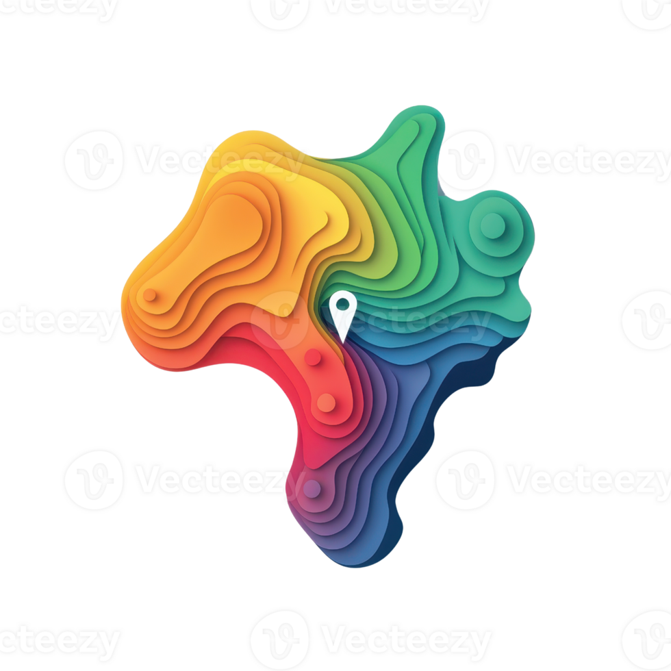 A colorful, layered representation of Africa with a map pin, symbolizing location and exploration. png