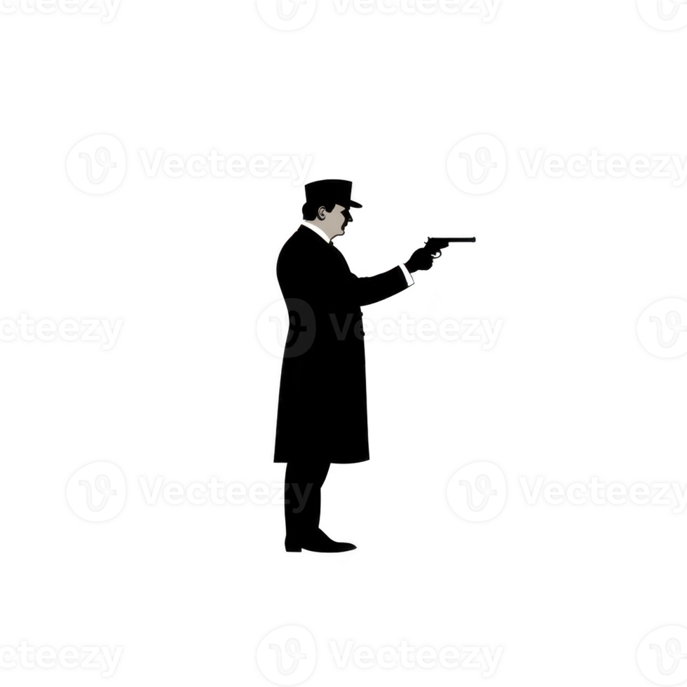 A silhouette of man in coat and hat pointing gun, evoking mysterious and vintage atmosphere. image is simple and monochromatic, highlighting figure stance png