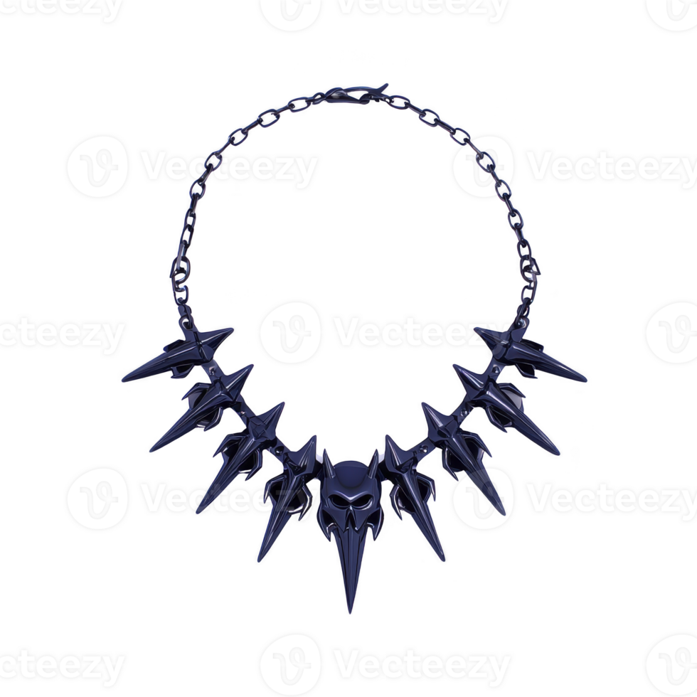 A spiked metal necklace with chain and pointed design, featuring central skull motif, exudes bold and edgy style. dark metallic finish enhances its gothic appeal png
