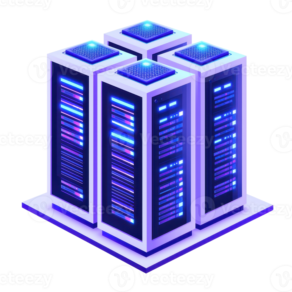 A cluster of futuristic server units with glowing elements, designed for high-tech data processing and storage. png