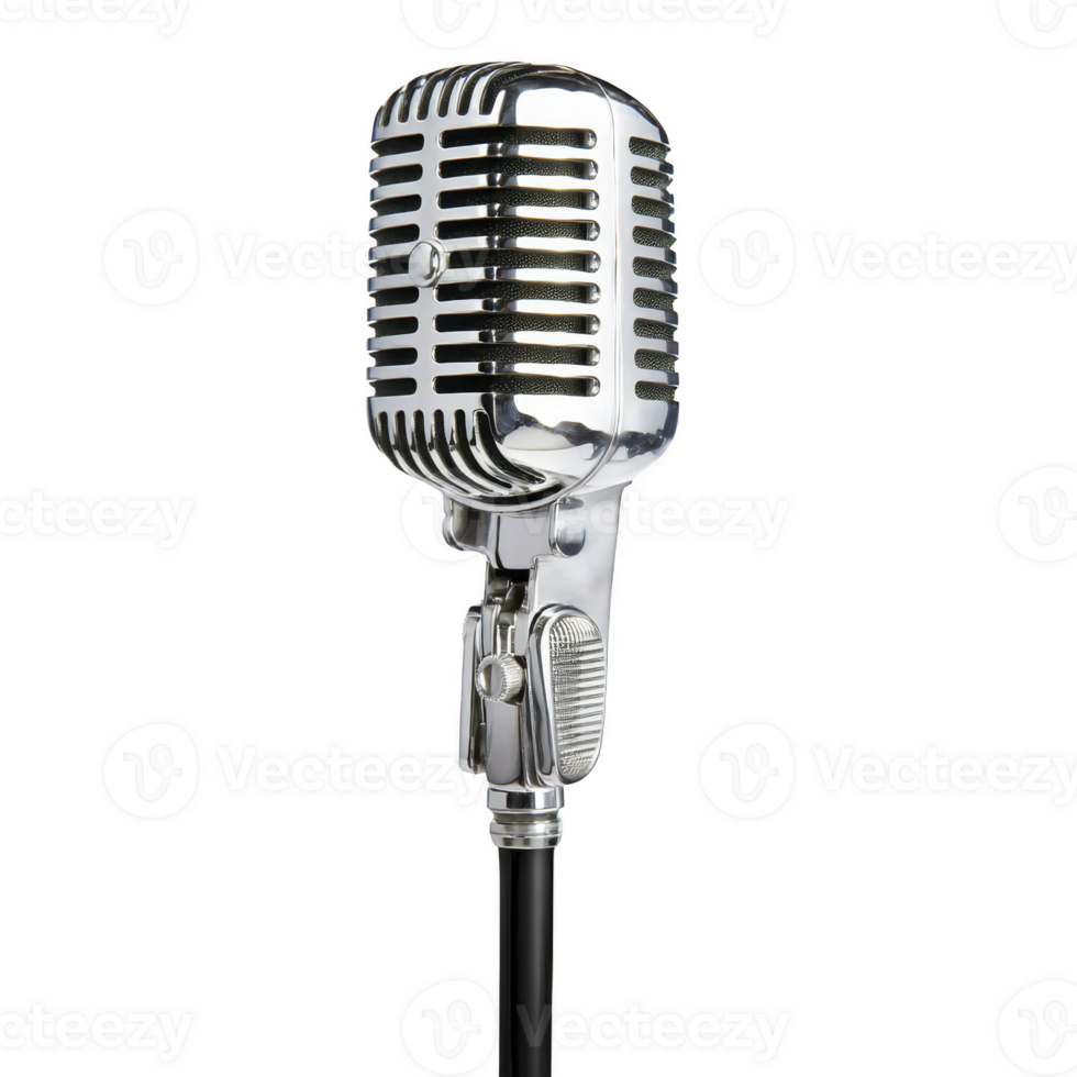 A vintage style silver microphone with classic design, featuring chrome finish and retro aesthetic, perfect for capturing nostalgic feel in audio recordings png