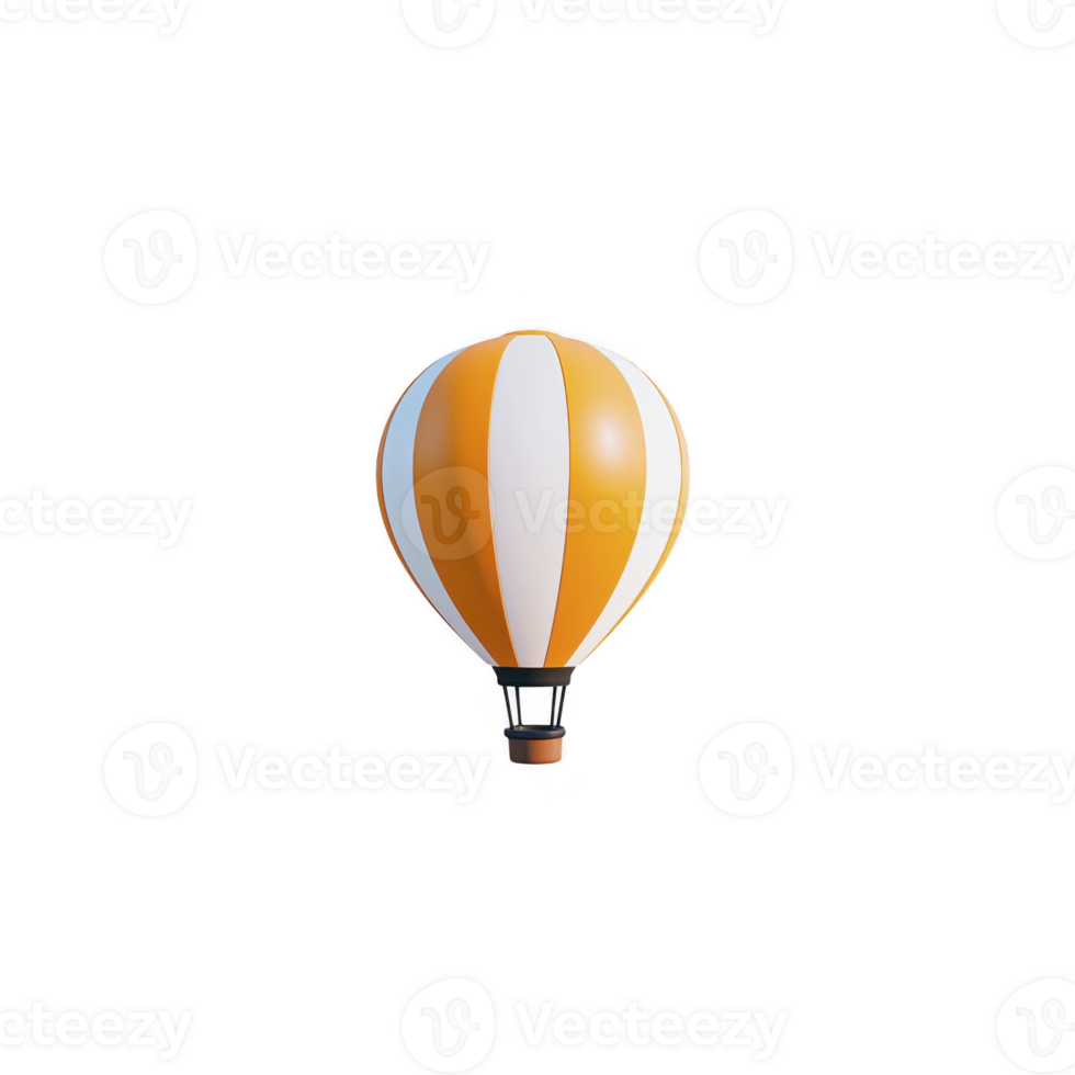 A vibrant orange and white hot air balloon floats against clear sky, showcasing its classic striped pattern. balloon basket is visible, adding to sense of adventure and exploration png
