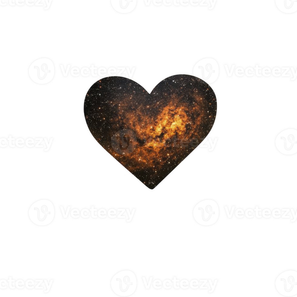 A heart shaped image features vibrant, fiery nebula set against starry night sky, symbolizing cosmic love and wonder. glowing orange and red hues create striking contrast with transparency png
