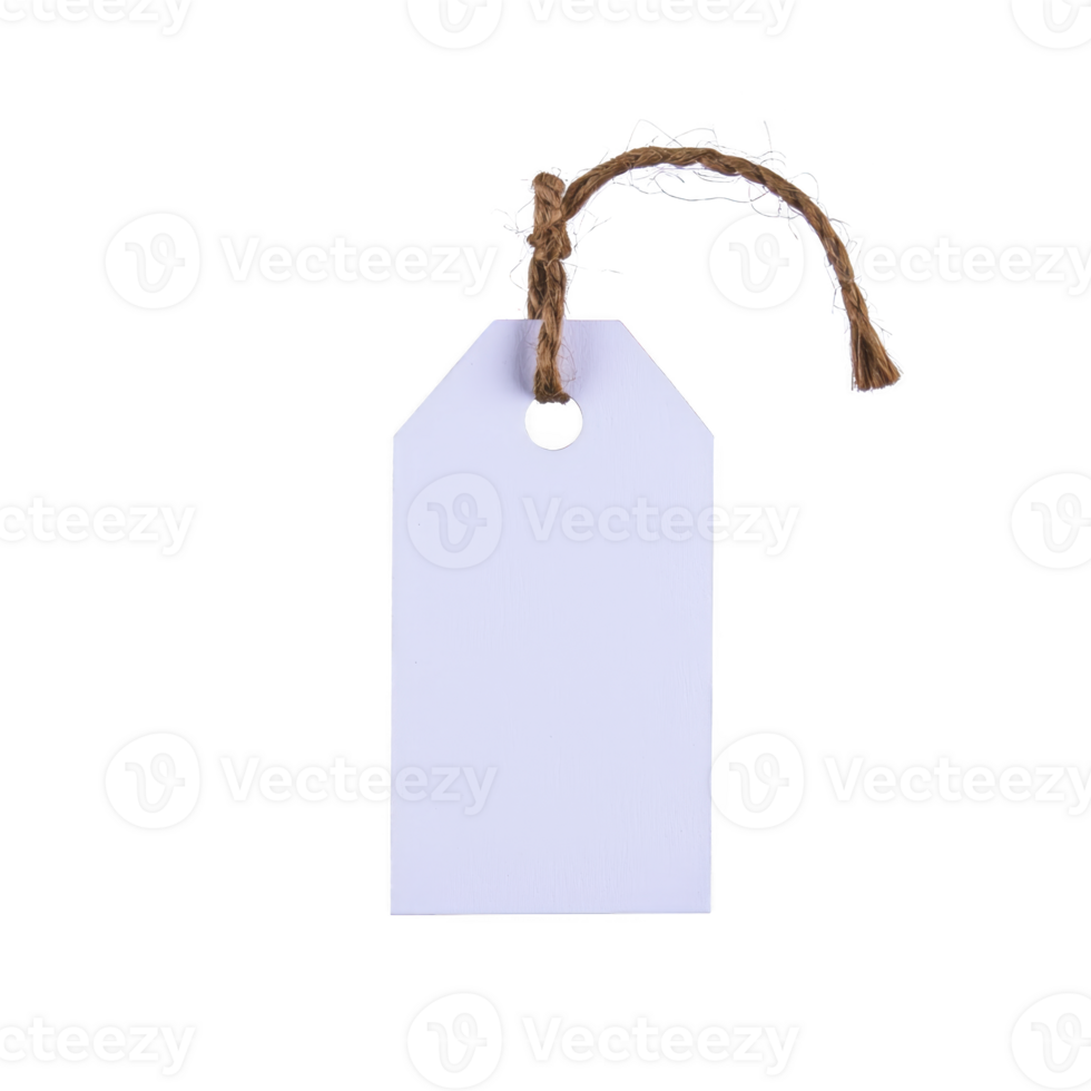 A blank white paper tag with brown string is isolated on transparency background, perfect for labeling or pricing items. simplicity and clean design make it versatile for various uses png