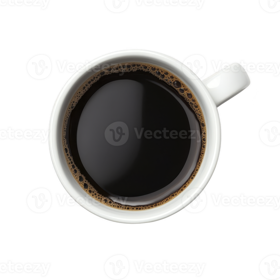 A top view of white ceramic cup filled with black coffee, showcasing rich, dark liquid and few bubbles on surface. simple and classic design evokes sense of warmth and comfort png