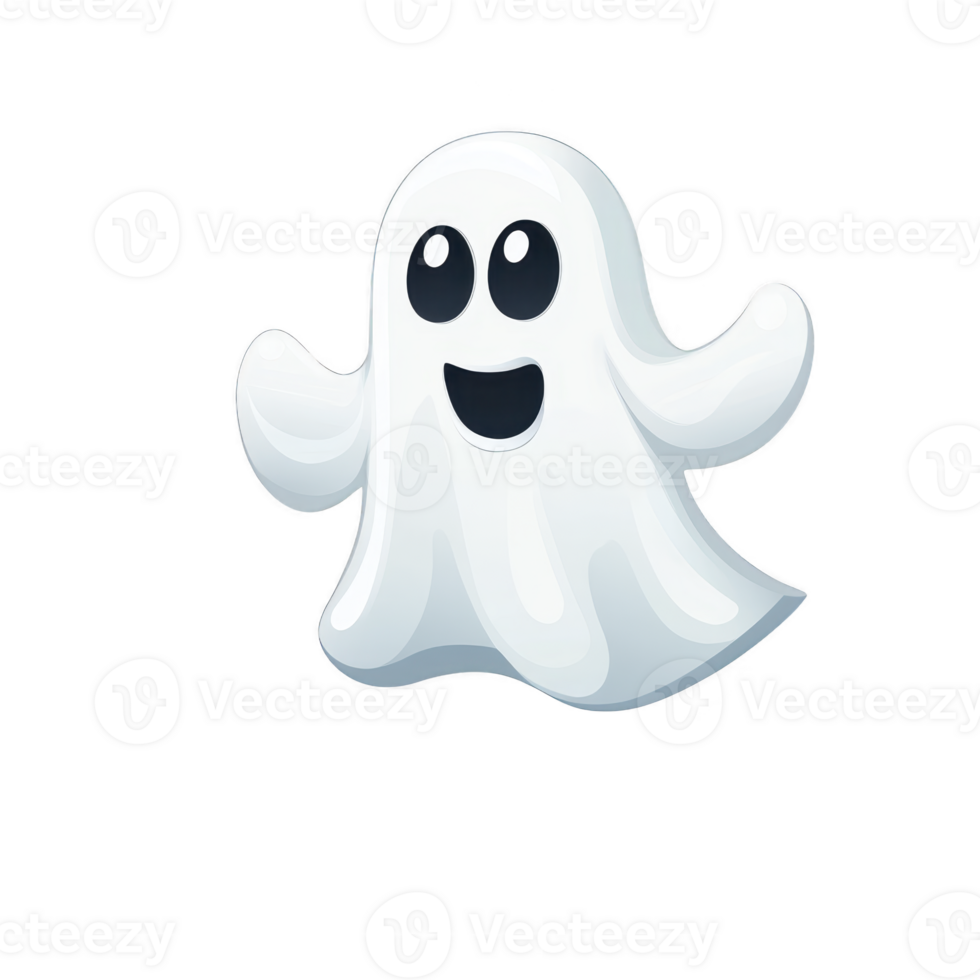 A cute cartoon ghost with happy expression floats against transparent background, featuring simple white sheet like appearance and big, friendly eyes png