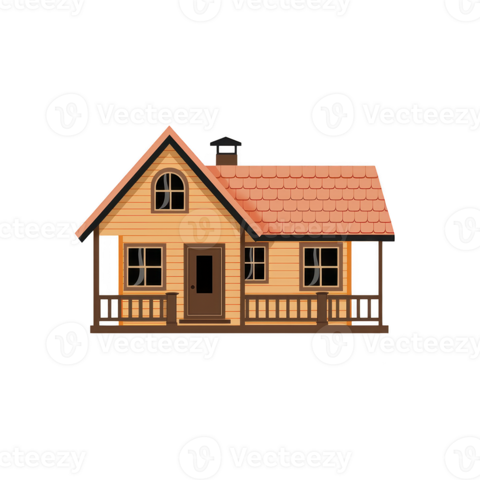 A charming wooden house with red tiled roof and cozy front porch, featuring multiple windows and chimney, evokes warm and inviting atmosphere png