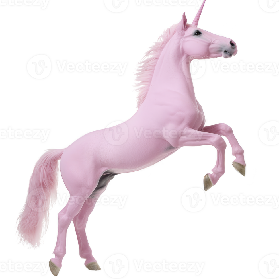 A majestic pink unicorn rears up on its hind legs, showcasing its mythical beauty and grace. creature flowing mane and tail add to its enchanting appearance png