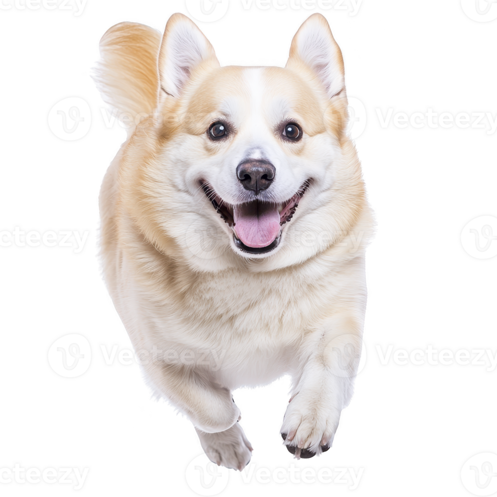 A happy corgi dog is joyfully running towards camera, showcasing its fluffy coat and playful demeanor. image captures dog excitement and energy png
