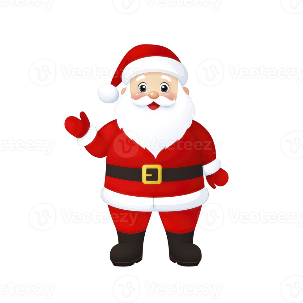 A cheerful cartoon Santa Claus in red suit with white beard and hat waves happily. He wears black belt and boots, embodying festive spirit of Christmas png