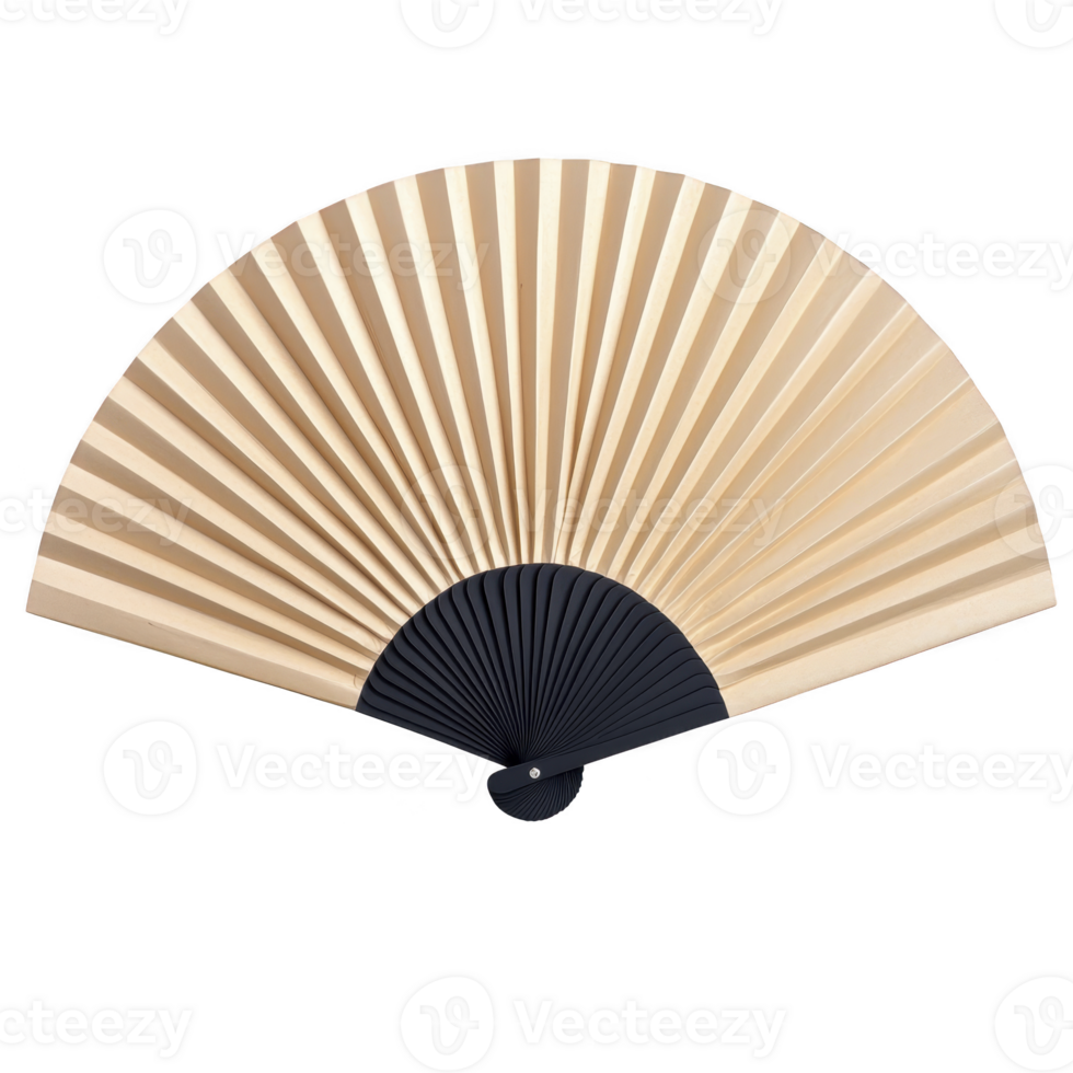 A beautifully crafted hand fan with wooden frame and pleated paper design, showcasing elegance and simplicity. fan is open, displaying its full semicircular shape png