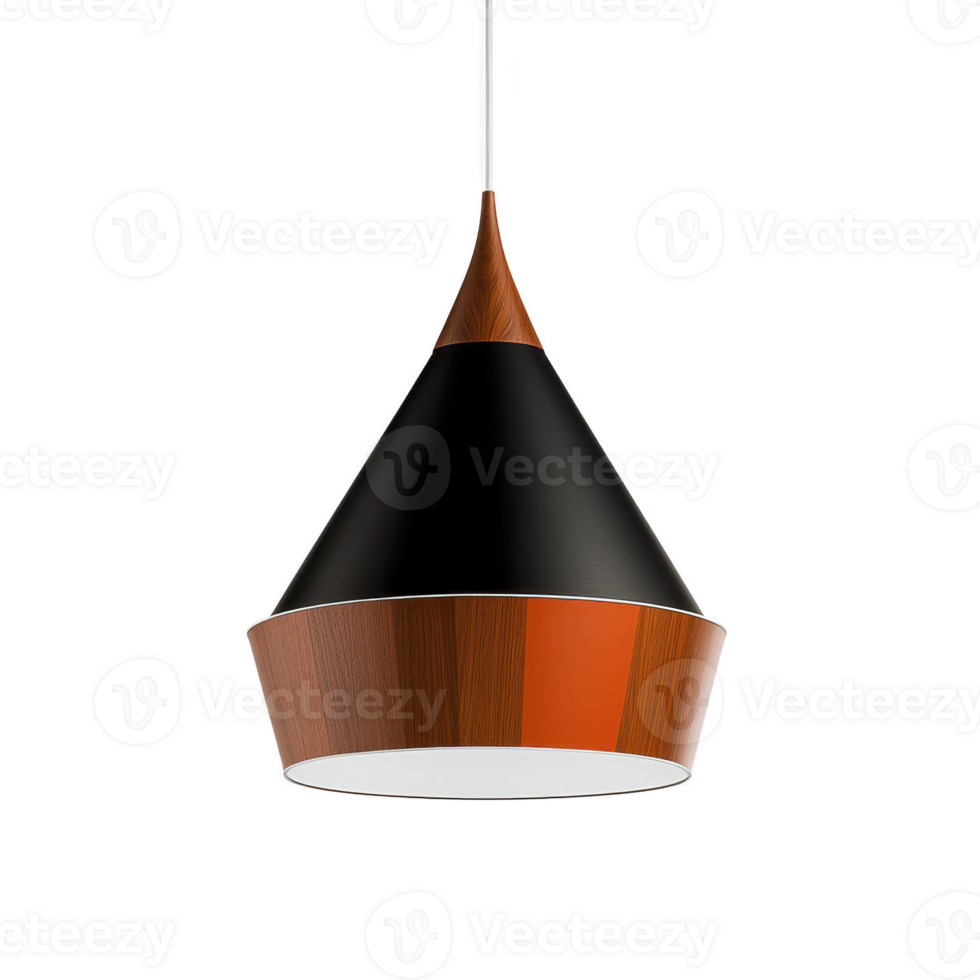 A modern pendant light with sleek, conical design features combination of black and wood textures, accented by vibrant orange stripe. minimalist style adds elegance to any interior space png