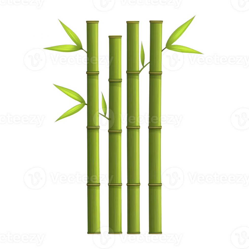 A Four green bamboo stalks with leaves are arranged vertically, showcasing their natural beauty and simplicity. image highlights smooth texture and vibrant color of bamboo, evoking sense png