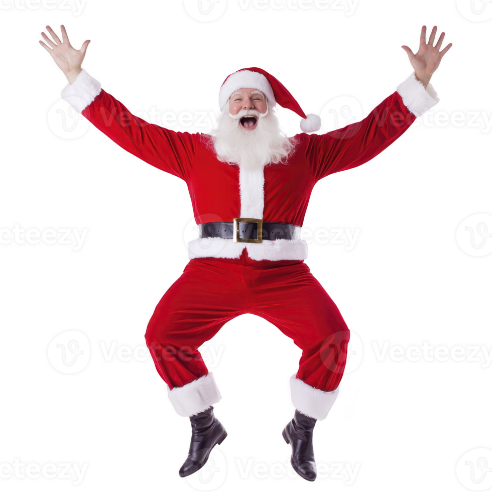A joyful Santa Claus in red suit and hat is jumping with arms raised, expressing excitement and holiday cheer. His white beard and black boots complete classic festive look png