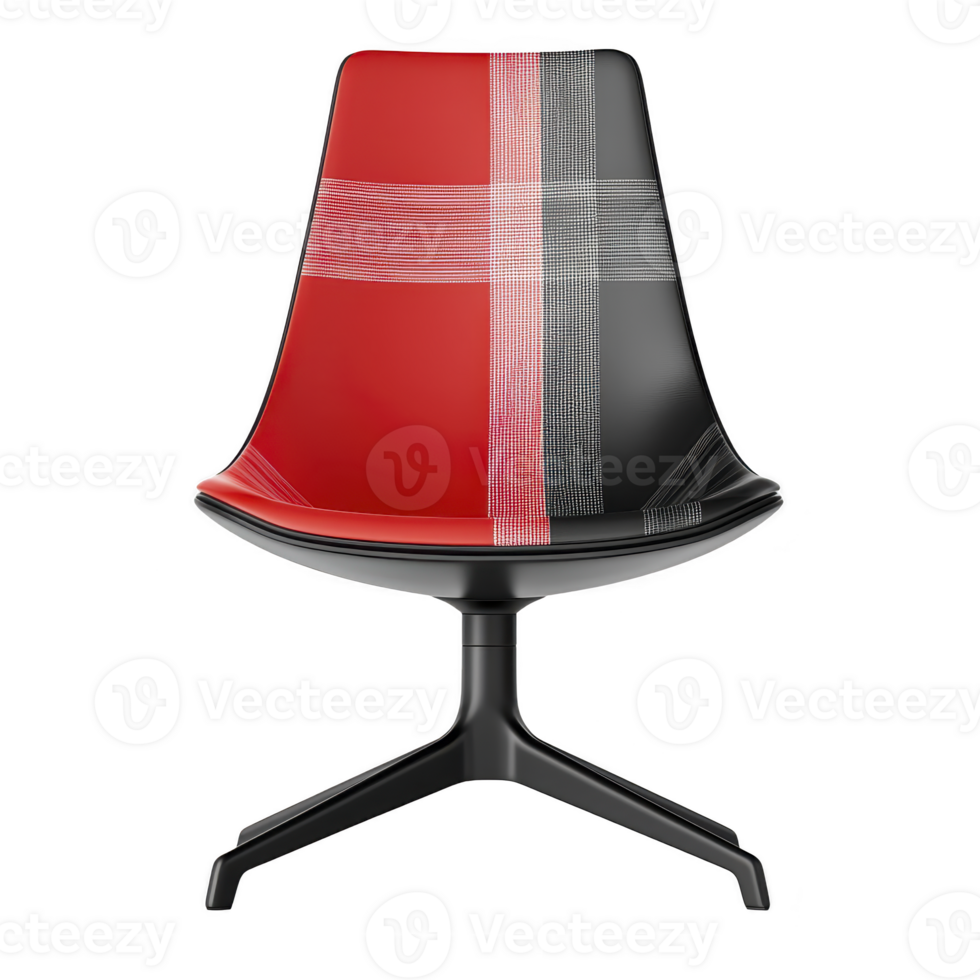 A modern chair with sleek design features red and black plaid pattern on seat and backrest, supported by black metal base. chair contemporary style adds bold touch to any space png