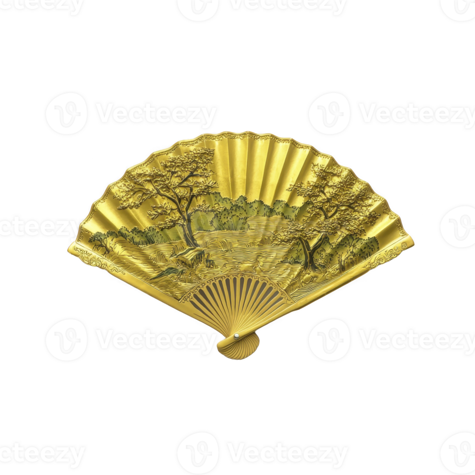 A beautifully crafted decorative hand fan with intricate landscape design, featuring trees and serene scene, set against golden background. fan exudes elegance and artistry png