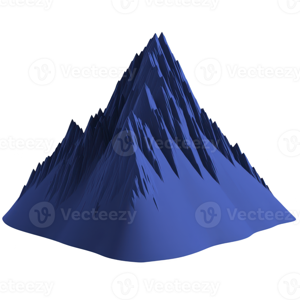 A stylized, blue 3D mountain with sharp peaks and smooth slopes, resembling digital or abstract representation. design is minimalistic and artistic, evoking sense of tranquility and modernity png