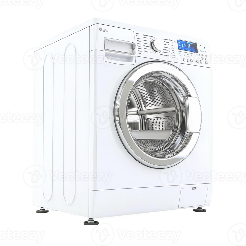 A modern white front loading washing machine with digital display and stainless steel drum, designed for efficient and convenient laundry care png