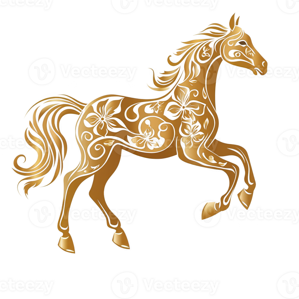 A golden horse illustration with intricate floral patterns and elegant curves, showcasing artistic design and creativity. horse is depicted in dynamic pose, exuding grace and beauty png