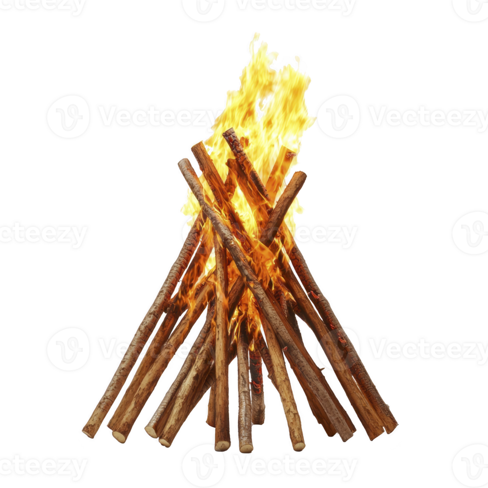 A campfire with bright flames surrounded by neatly arranged wooden logs, creating warm and inviting atmosphere. Perfect for outdoor gatherings and cozy nights png