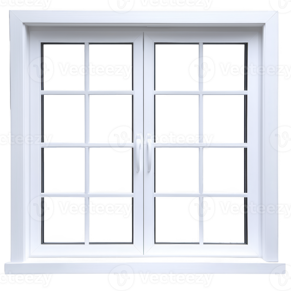 A white double pane window with grid design is shown, featuring two handles for opening. window is set in simple frame, offering clean and modern look png