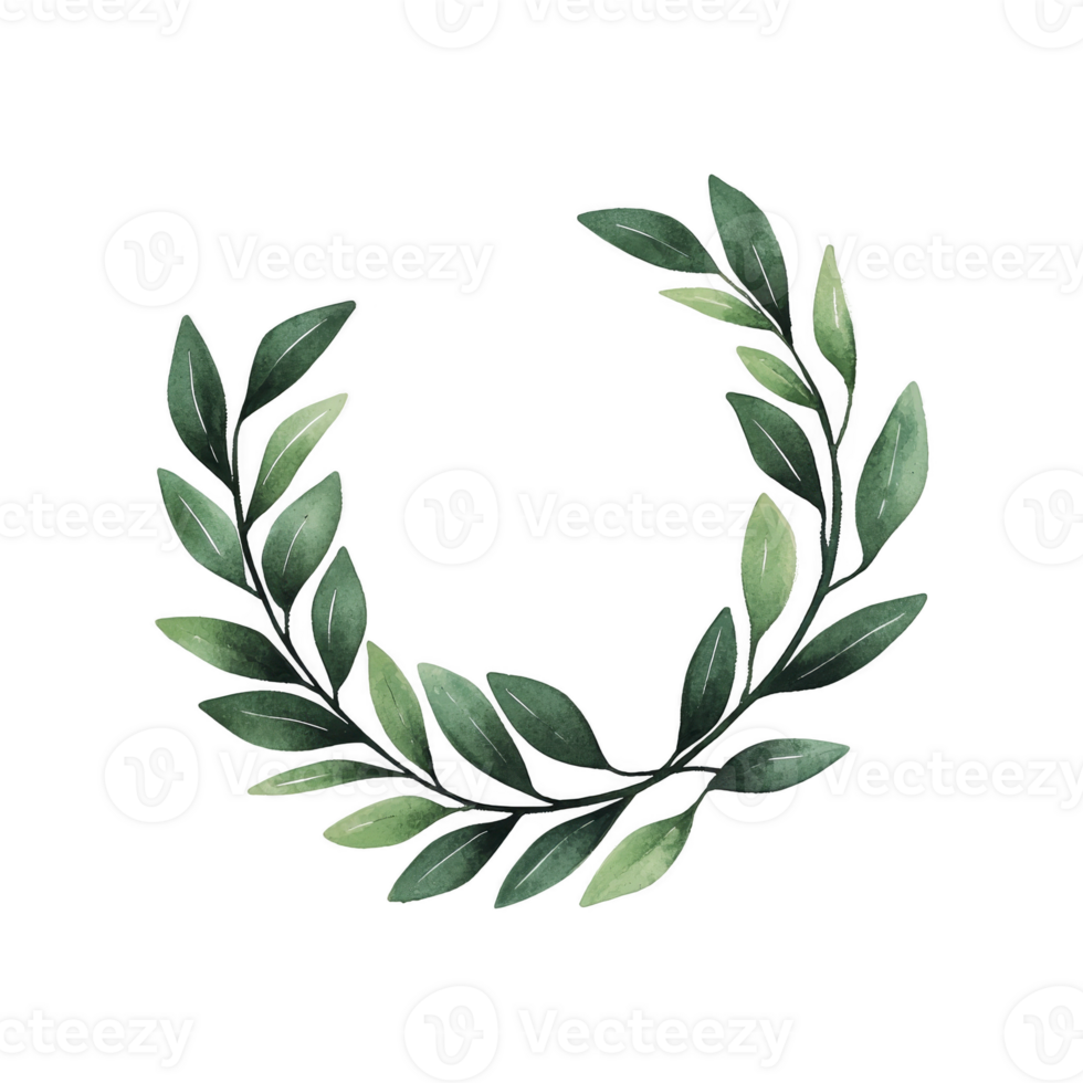 A watercolor illustration of laurel wreath with lush green leaves arranged in circular pattern, symbolizing victory and achievement. design is elegant and timeless png