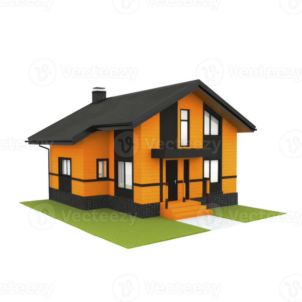 A modern, vibrant orange and black house with sloped roof and multiple windows stands on small grassy plot, showcasing contemporary architectural design png